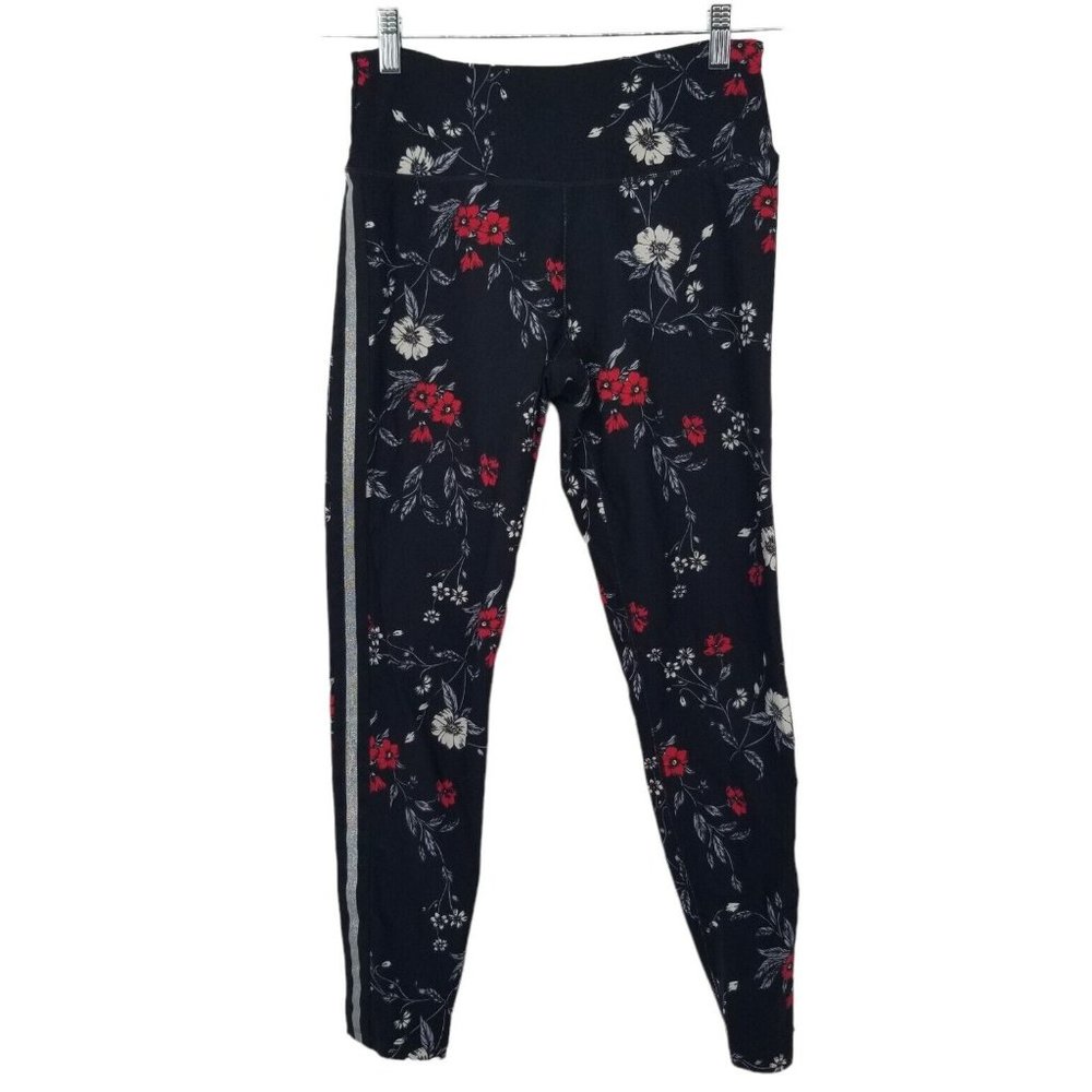 CALVIN KLEIN PREFORMANCE WICKING LEGGINGS BLACK FLORAL SILVER Tuxedo STRIPE